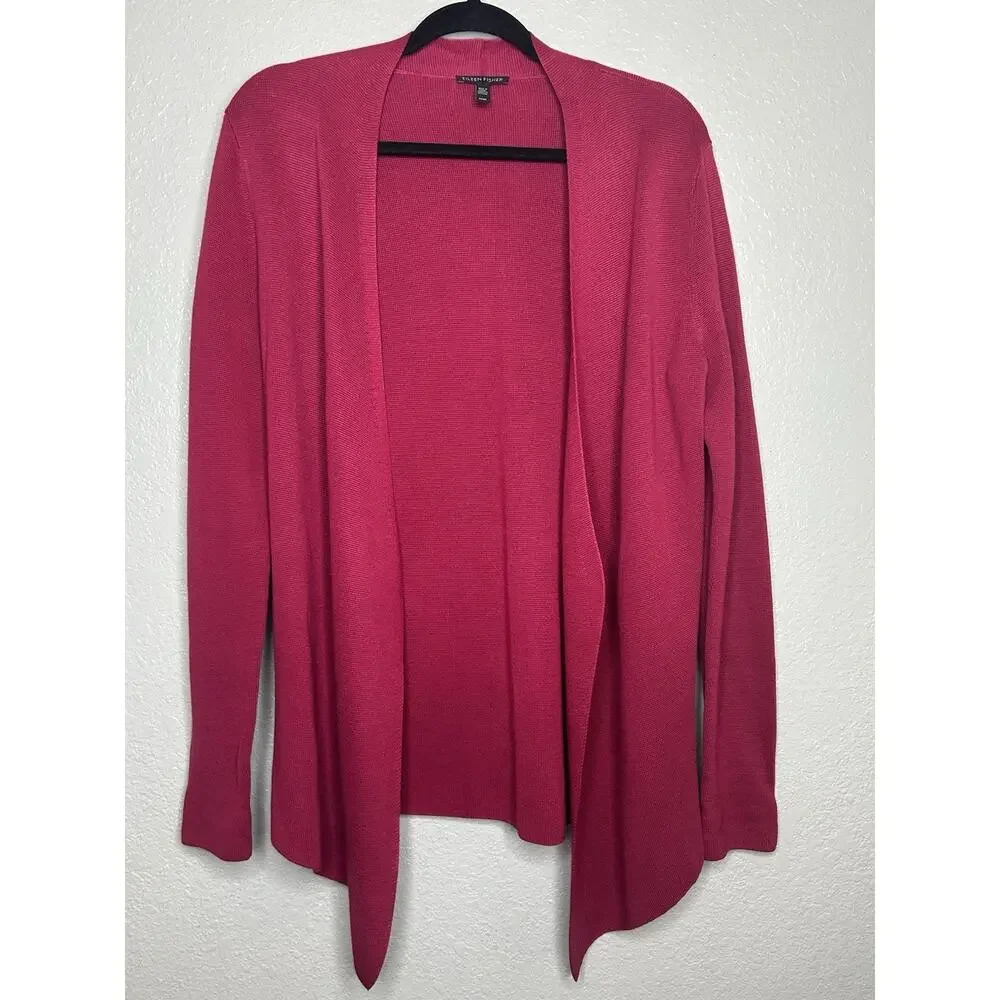Eileen Fisher Open Front Silk Blend Cardigan Raspberry Career Workwear Medium - Picture 2 of 9